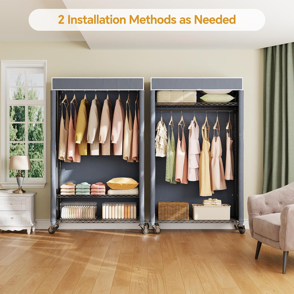 Higeego H4 Heavy Duty Clothes Rack, Black Clothing Rack with Grey Cover