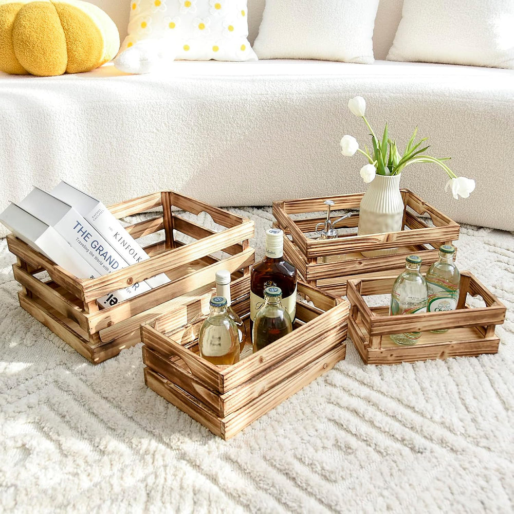 Set of 4 Large Torched Wood Decorative Storage Crates, Nesting Wooden Crates ...