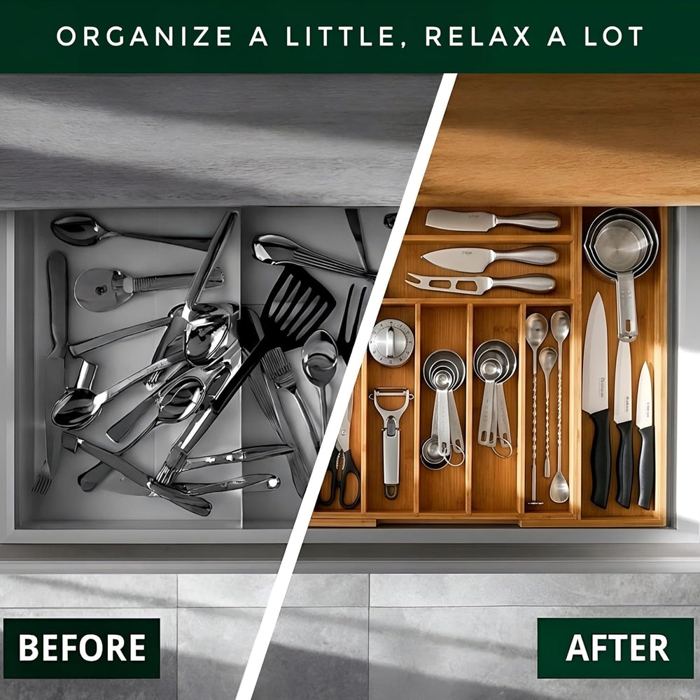 Bamboo Drawer Organizer – Expandable 9 Slot Silverware & Utensil Tray for...