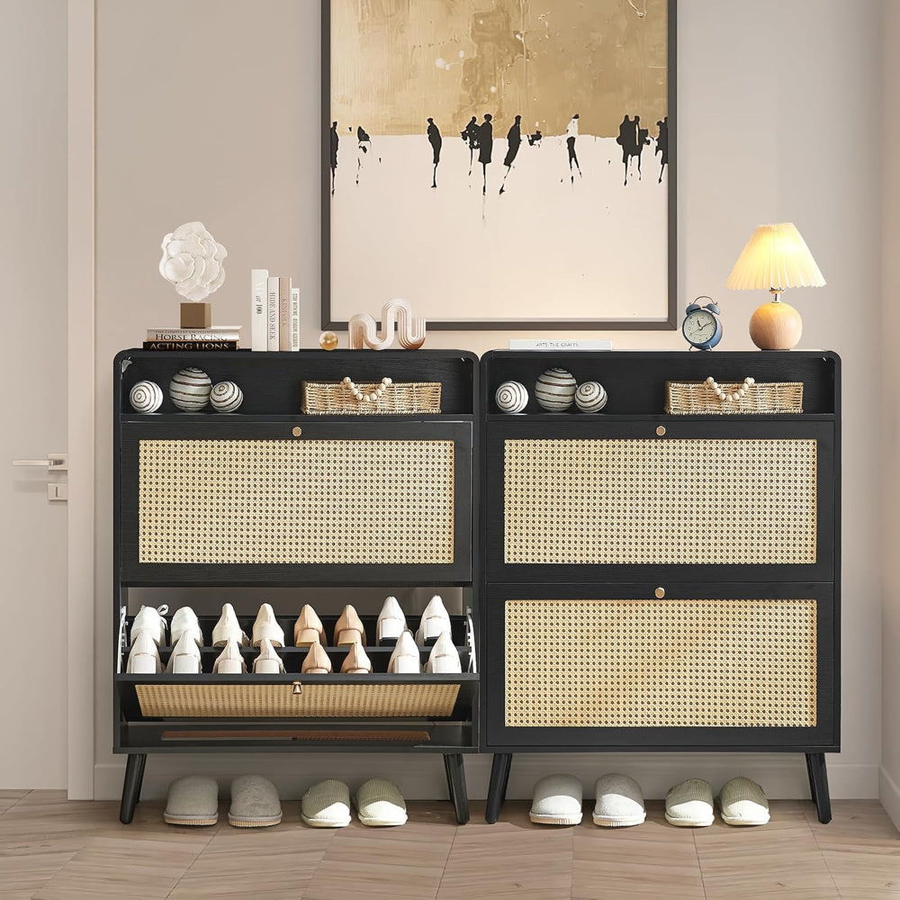 Hommoo Rattan Shoe Storage Cabinet Set of 2 with 2 Flip Doors, Wood Narrow Sh...