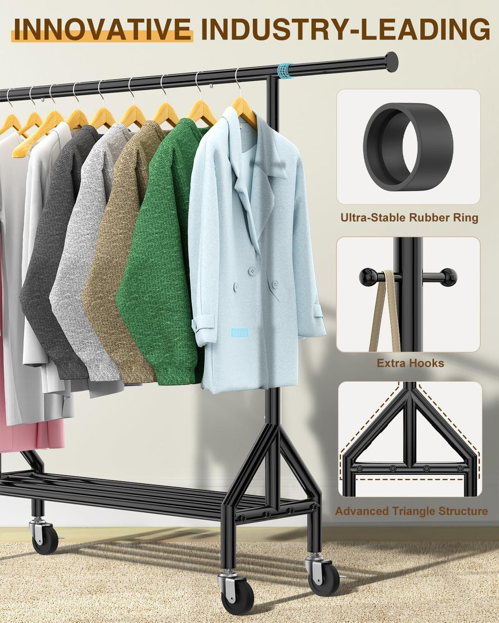 Heavy Duty Clothes Rack Load 520LBS, Adjustable Rolling Clothing Rack with St...