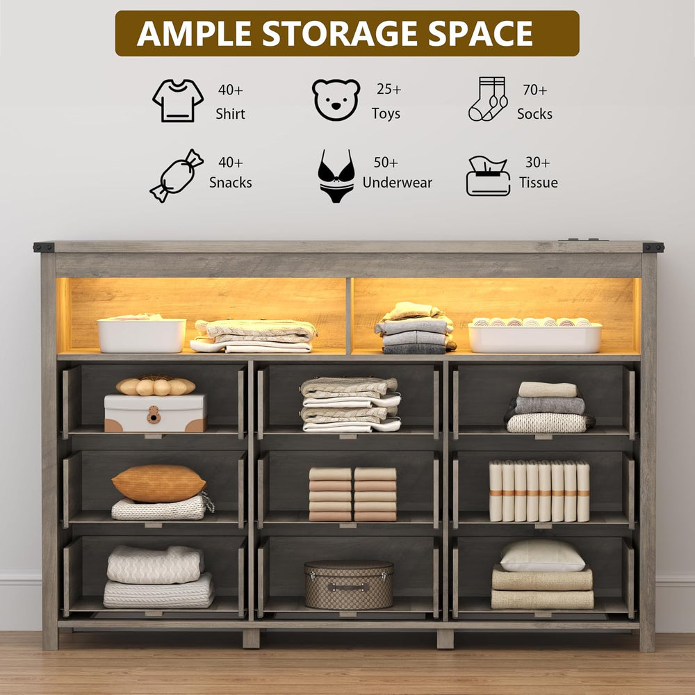 Xixini Dresser for Bedroom with 9 Drawers, LED Lights, Power Outlet, Grey