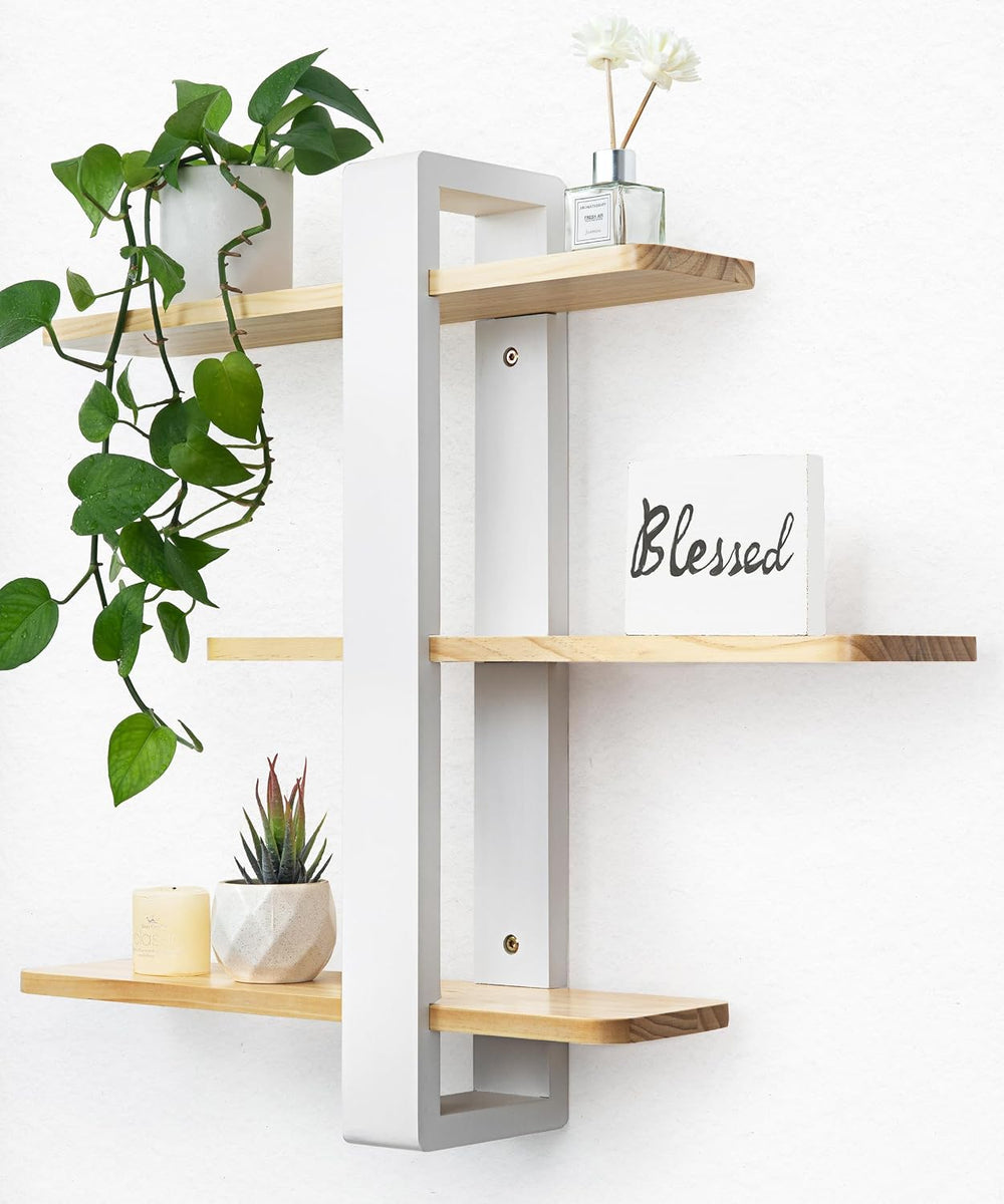 SUMGAR Floating Shelves for Wall, 3 Tier White Wood Adjustable Shelf Unit