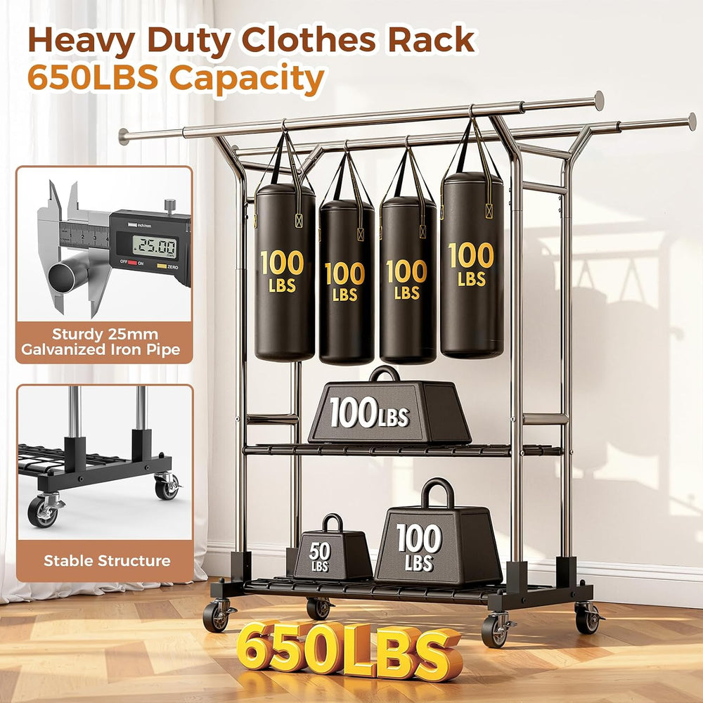 Luxspire Double Rod Clothing Racks for Hanging Clothes Load 650 LBS, Silver