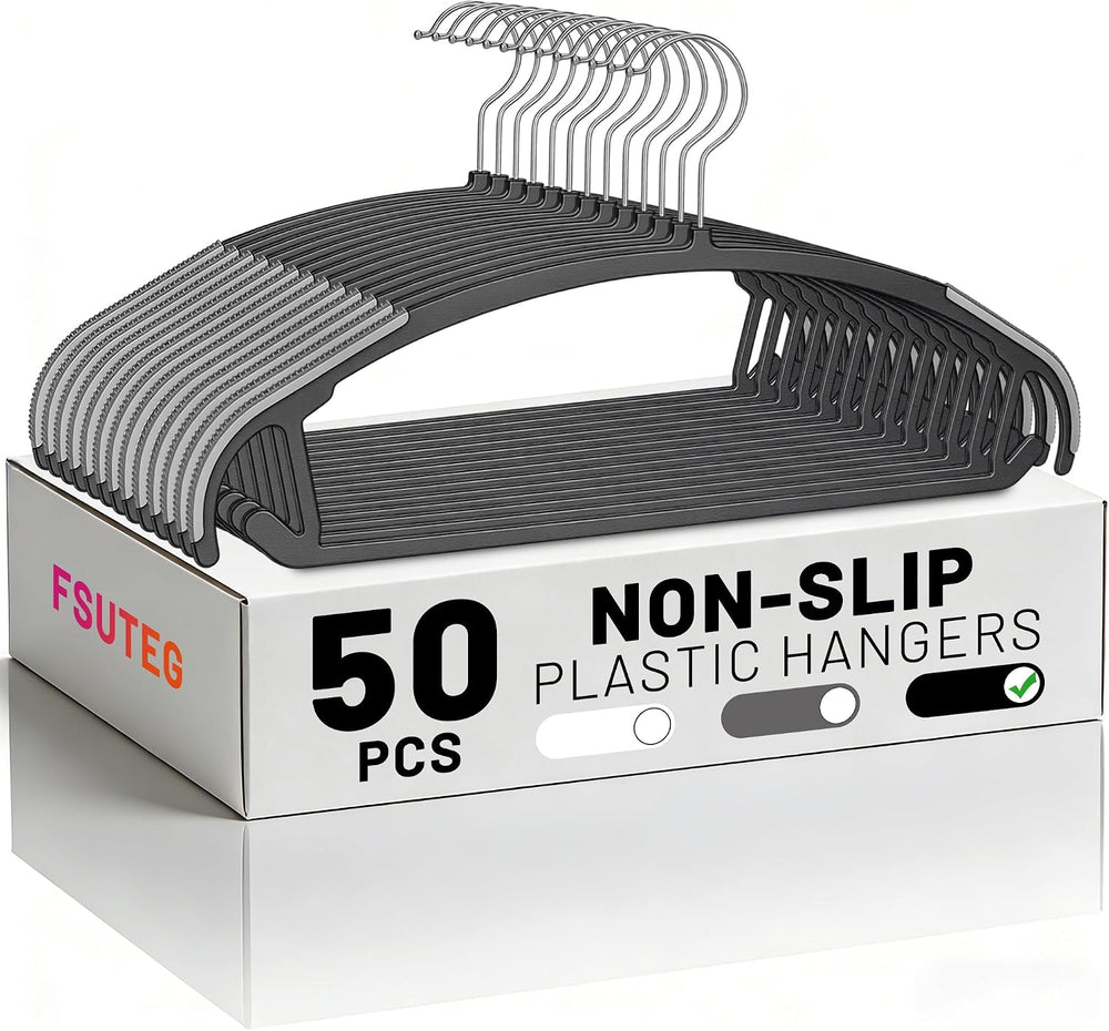 No-Bump Plastic Hangers, 50 Pack, Non-Slip Black