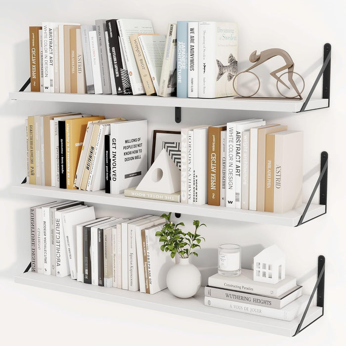 Heimlove Floating Book Shelves for Wall,35.4 Inches Long Wall Mounted Bookshelves,Heavy Duty Bracket Shelves for Living Room Kitchen,Laundry Room Storage & Decor,Set of 3,White