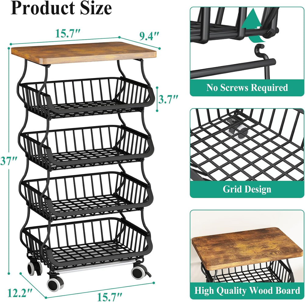 SAYZH 5-Tier Fruit and Vegetable Basket Stand for Kitchen, Wood Top, Black
