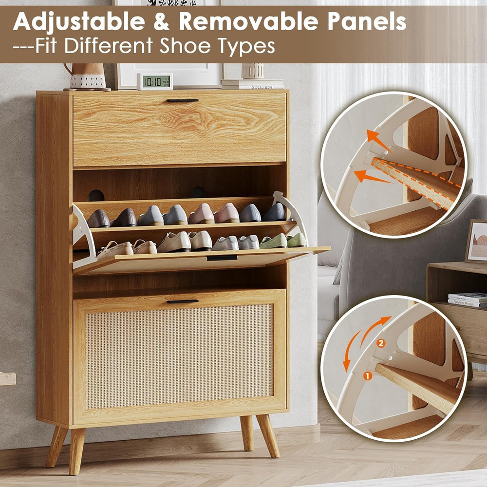 MU Natural Rattan Shoe Cabinet, Entryway Shoe Cabinet with 2 Flip Drawers and...