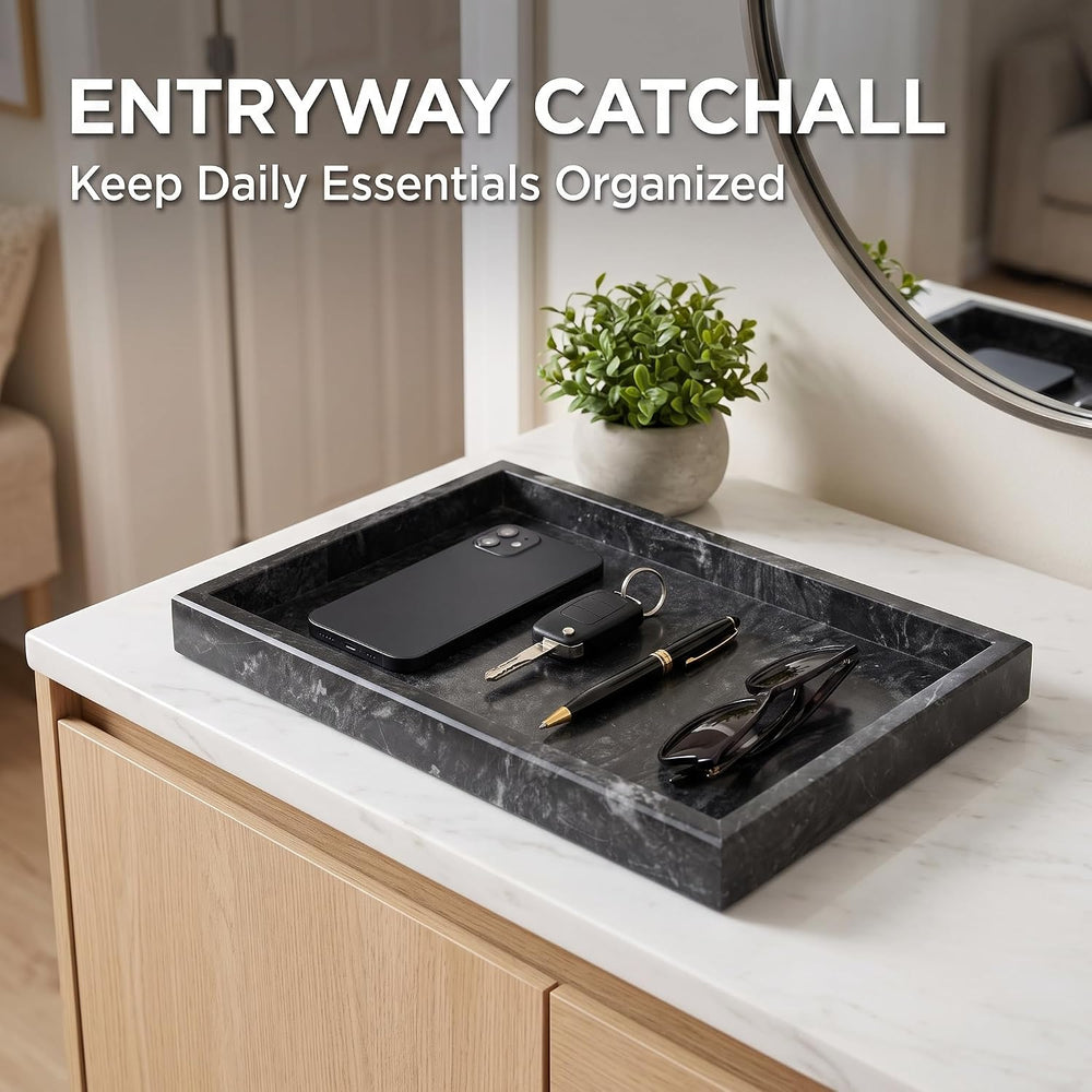 Natural Marble Tray, 12"x8" Rectangular Vanity Catchall w/Silicone ...