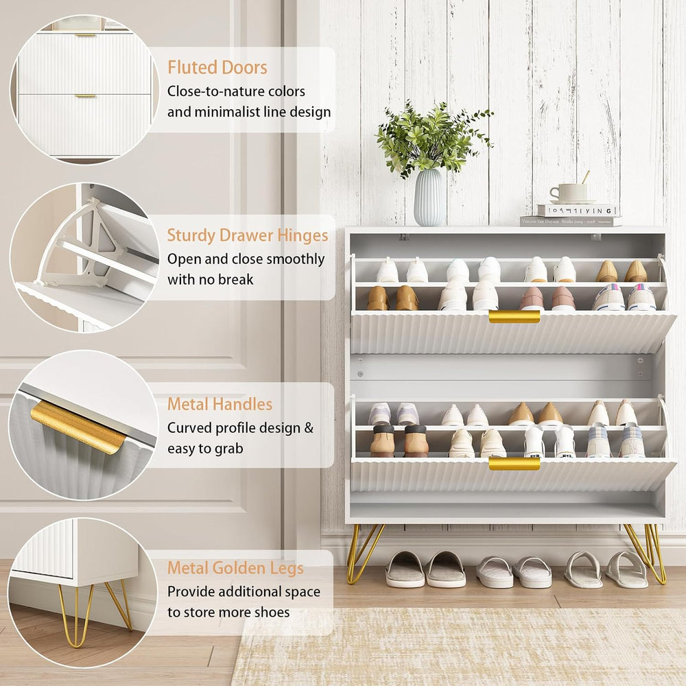 Fluted Shoe Cabinet with 2 Flip Drawers, Gold Handle and Metal Legs, White丨Fl...