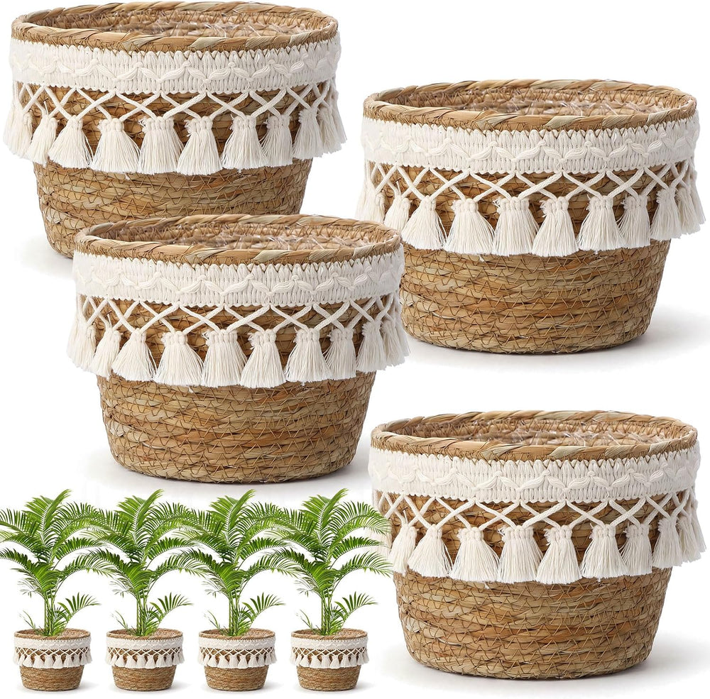 4 Pcs Straw Plant Baskets Indoor Rattan Woven Flower Baskets with Plastic Lin...