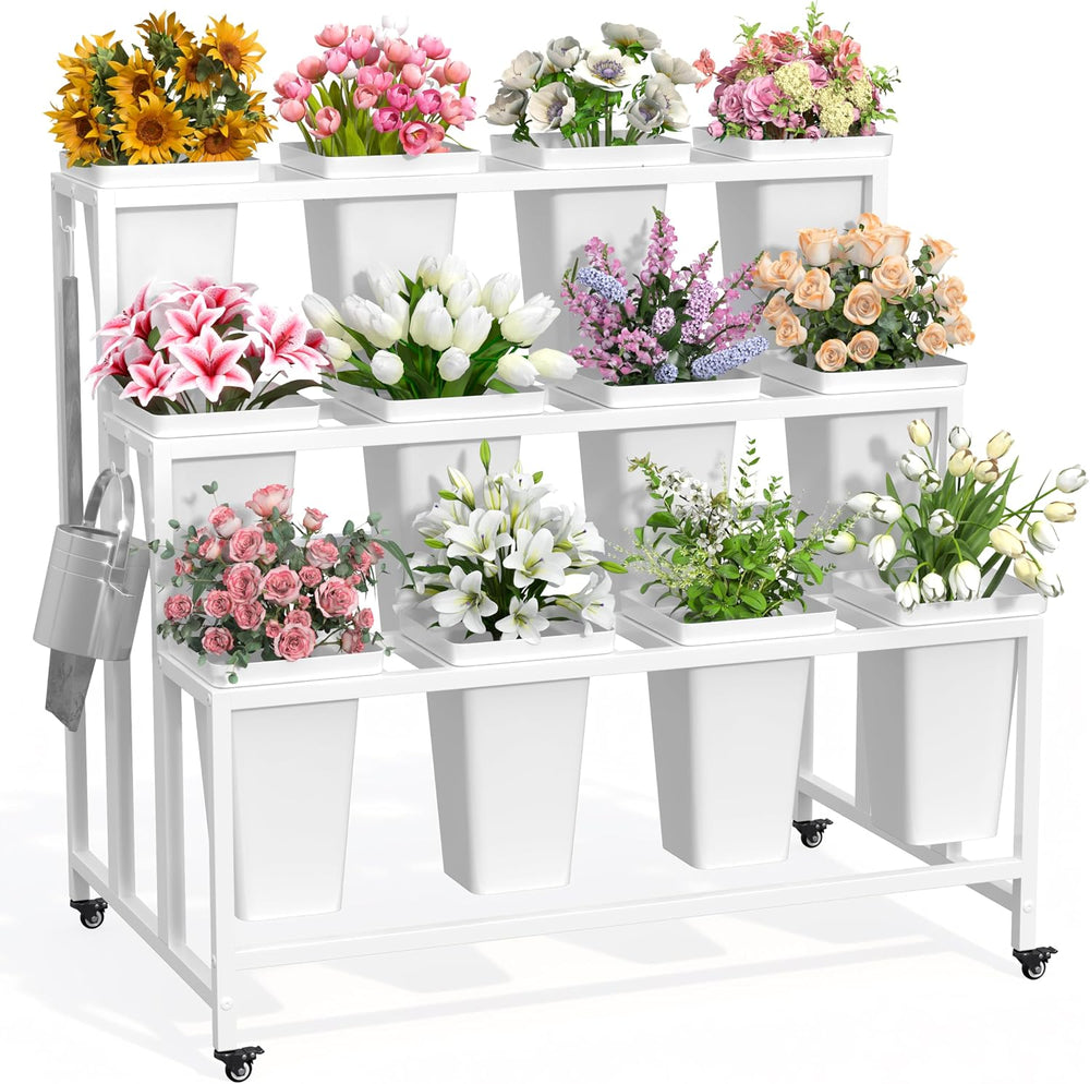 Flower Display Stand with 12 Buckets & Wheels – 3-Tier Mobile Flower Cart...
