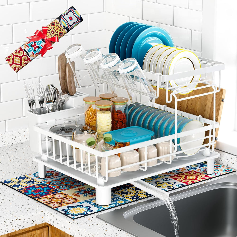 Large 2 Tier Detachable Dish Drying Rack for Kitchen Counter,White