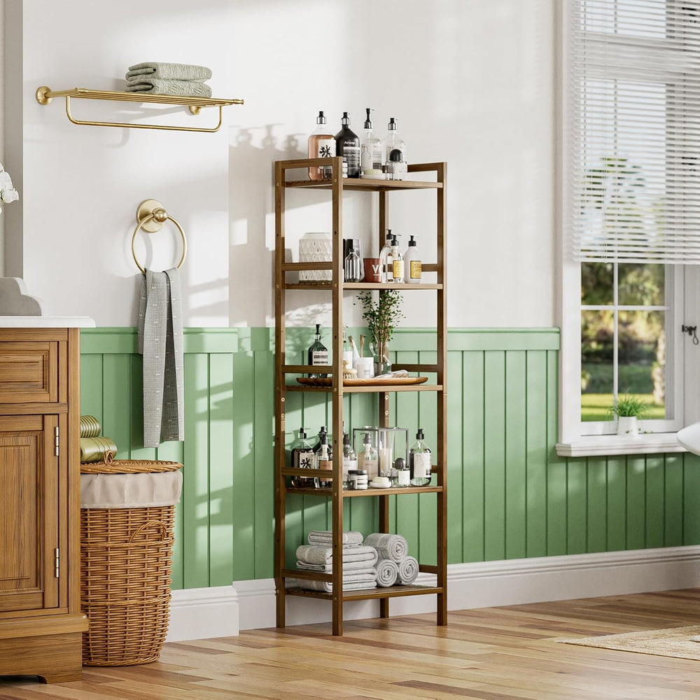 HITNET Bamboo Book Shelf, Tall Narrow Bookcase, Bathroom Shelving Unit 5 Tier...