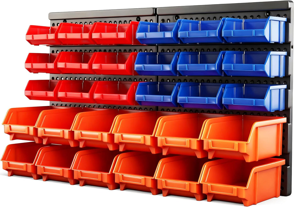 HORUSDY Wall Mounted Storage Bins Parts Rack 30PC Organizer Garage Plastic Sh...