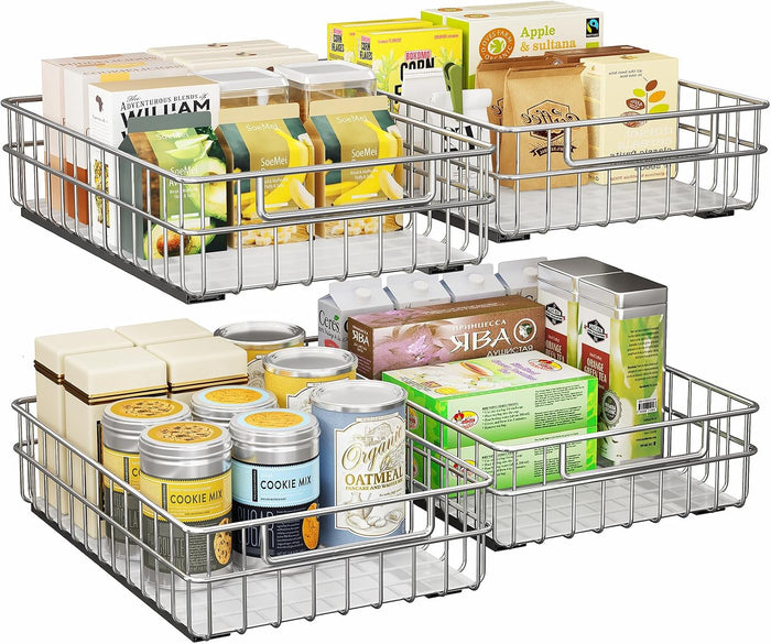 Pull out Cabinet Organizer, Stainless Steel 4-Pack (9.8"W x 16.5"D) Full-Extension Slide out Drawer, Adhesive Roll out Can Spice Storage Basket Shelf Rack for Pantry, Kitchen, Bathroom, Home Closet
