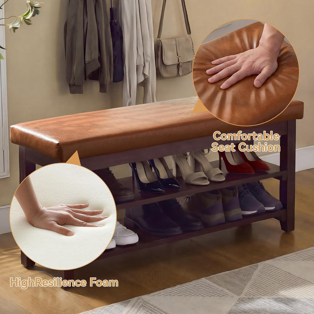40" Solid Wood Shoe Storage Bench, 2 Tier Shoe Rack for Entryway