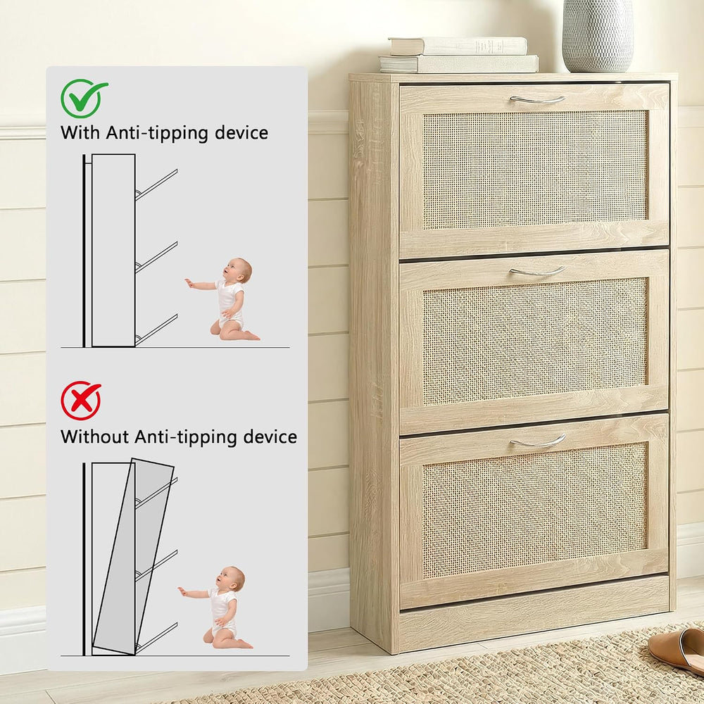 Rattan Shoe Storage Cabinet with 3 Flip Drawers
