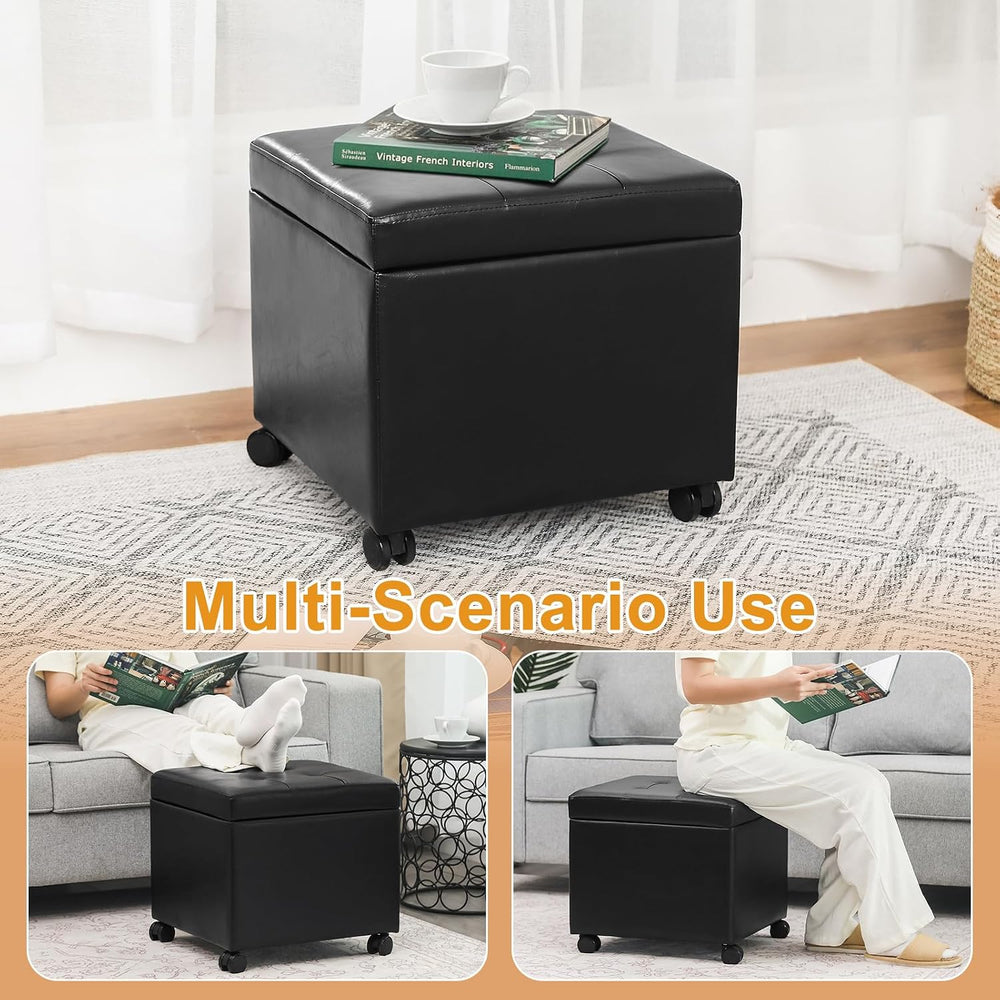 Homebeez 18" Square Storage Ottoman with Wheels, Tufted Faux Leather Cube