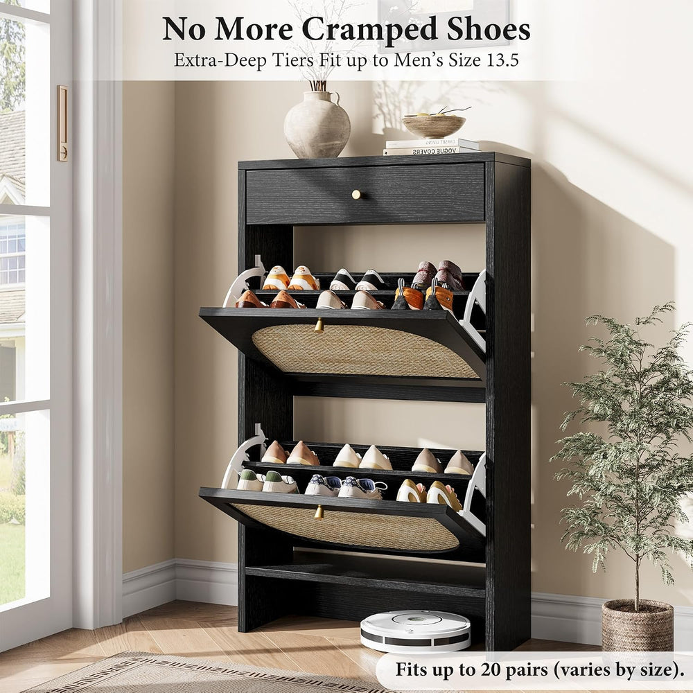 Nicetree Rattan Shoe Cabinet Storage for Entryway, Slim Shoe Rack with 2 Flip...
