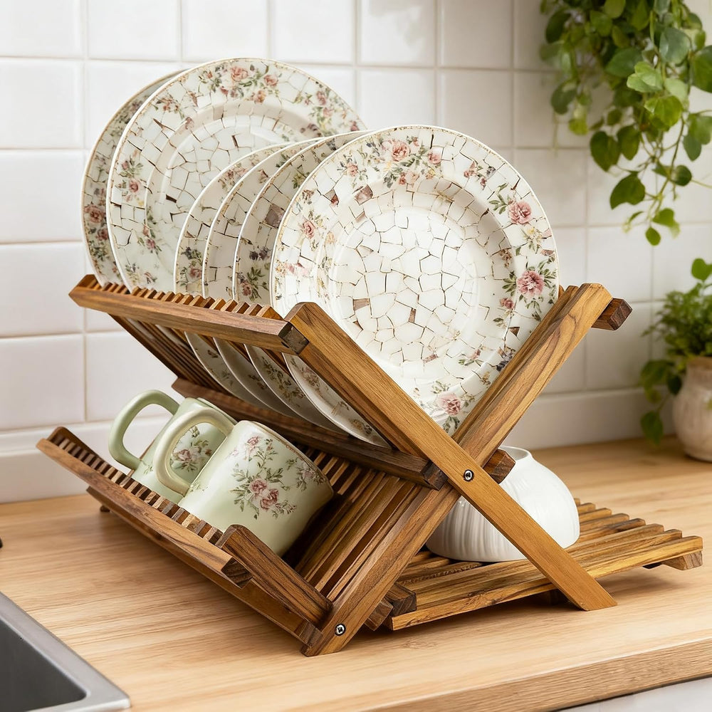 Utoplike Large Teak Dish Drying Rack, Wood Collapsible Organizer for Plates