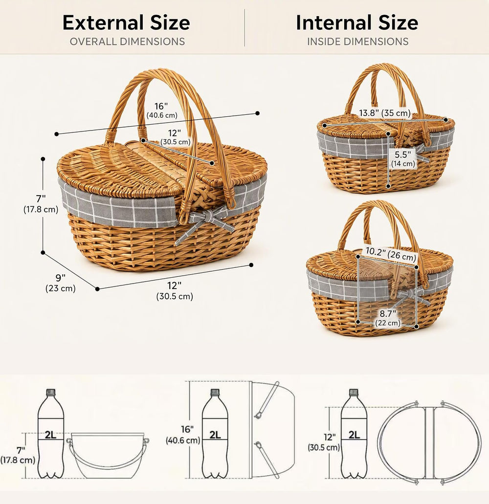 Picnic Wicker Basket with & Handles for Outdoor Camping, Grey