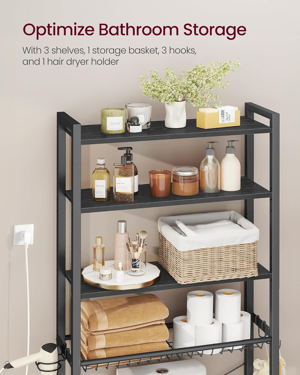 VASAGLE 4-Tier Over the Toilet Storage, Adjustable Shelves, Basket, 68.1'...