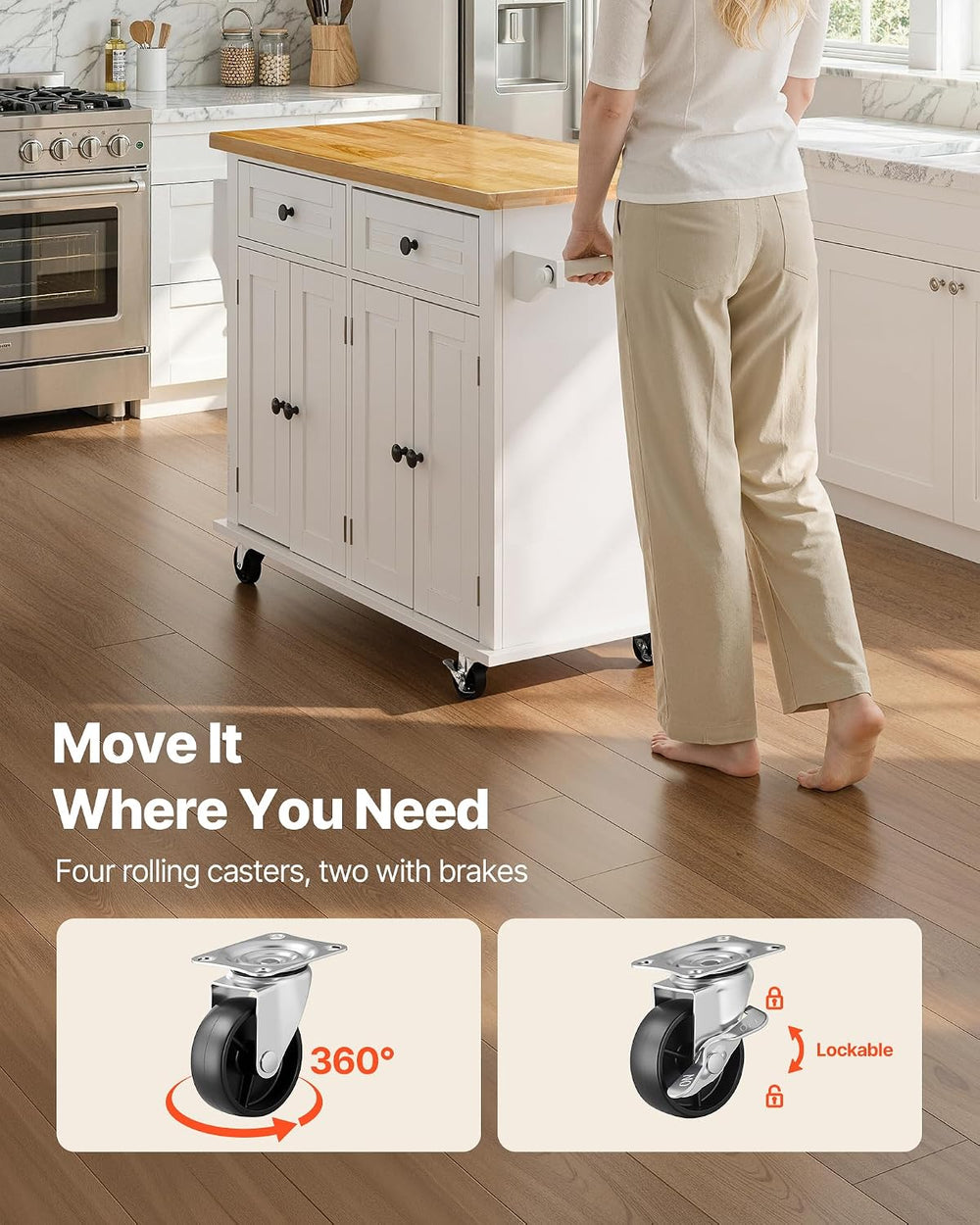 VEVOR Kitchen Island Cart with Solid Wood Top, 35.4" Width Mobile Carts ...