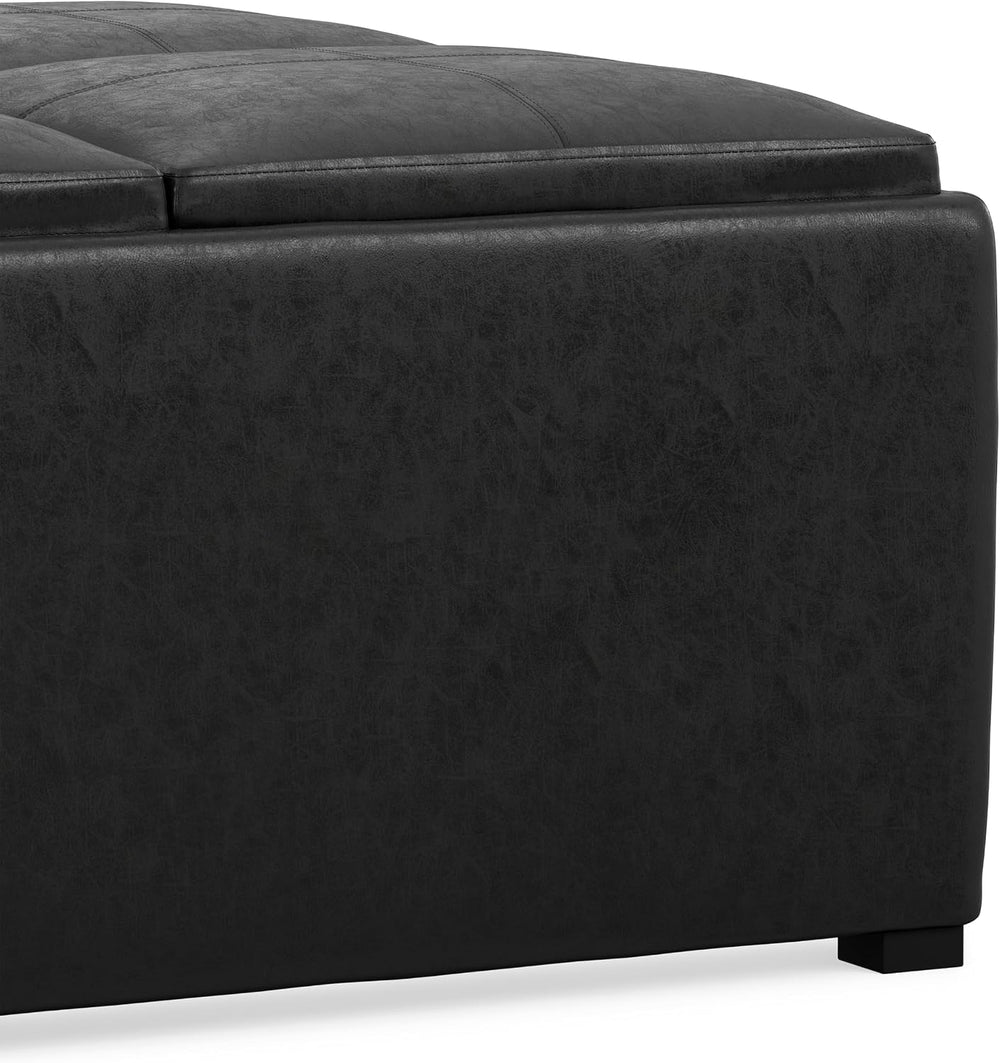 SIMPLIHOME Avalon 35" Wide Vegan Leather Square Storage Ottoman in Black