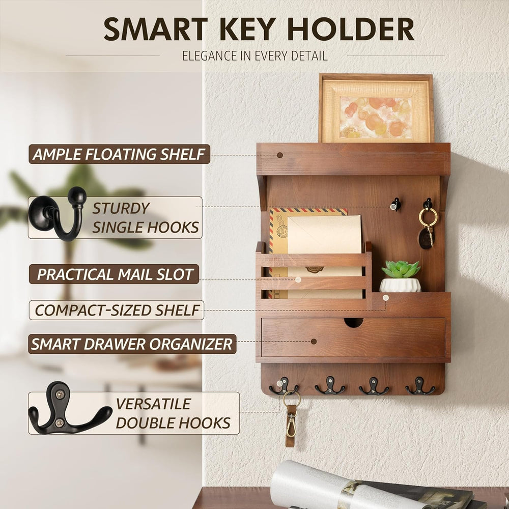 Rebee Vision Key Holder Wall Mount with Drawer Organizer for Entryway,Brown
