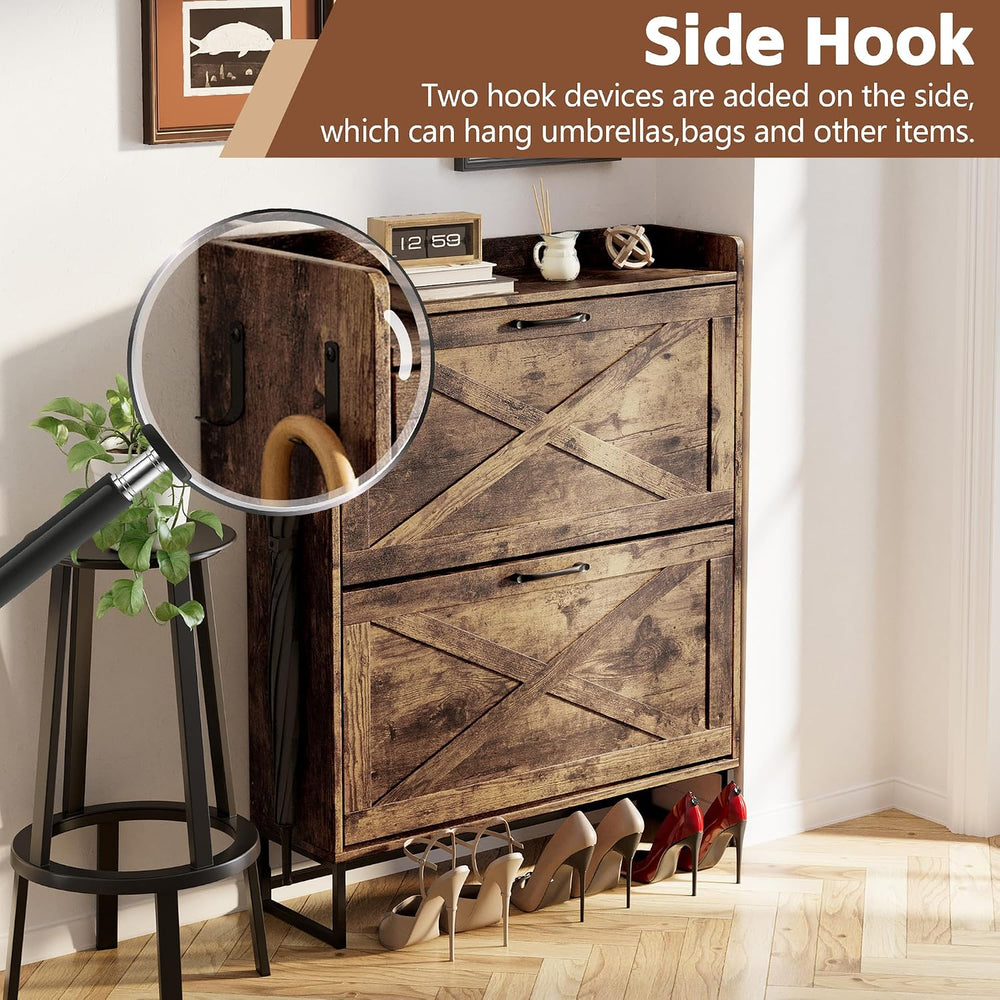 NUNU LAB Farmhouse Shoe Cabinet Storage for Entryway with 2 Flip Drawers &...