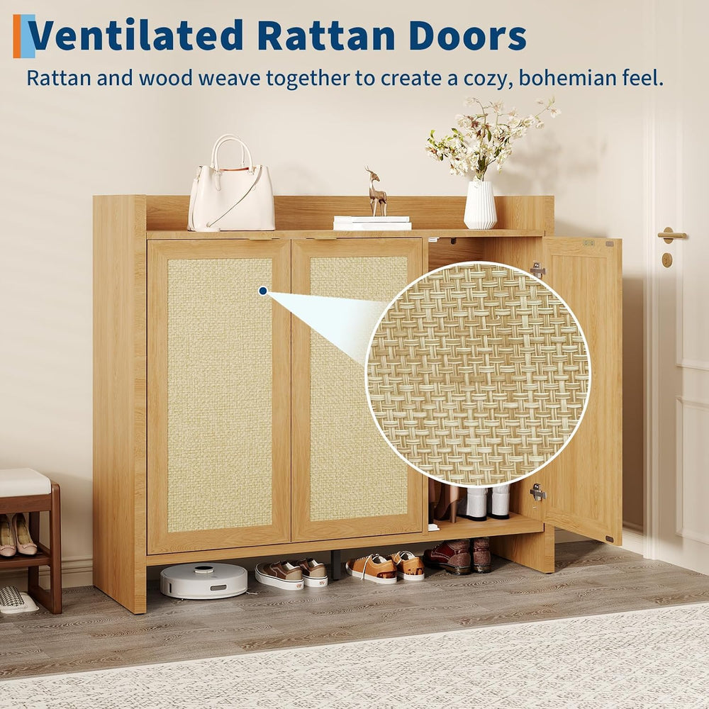 3 Door Rattan Shoe Cabinet for Entryway, Freestanding Wooden Shoe Rack with A...