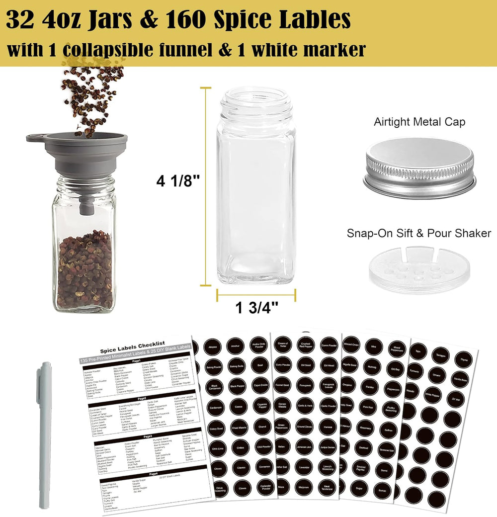 4 Tier Spice Rack Organizer with 32 Square Spice Jars and 160 Spice Labels Se...