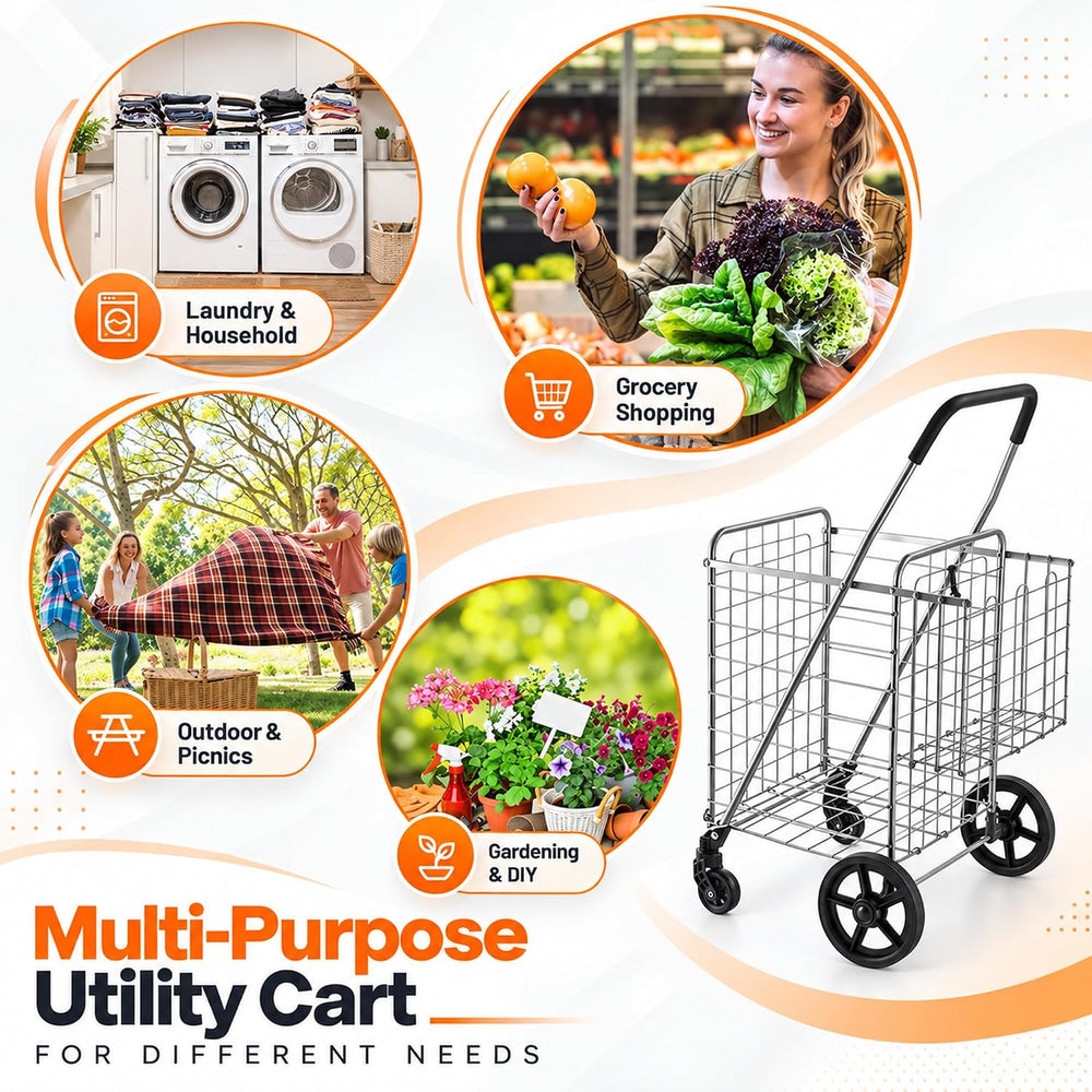 Wellmax Folding Shopping Cart for Seniors, Metal Grocery Cart, 66 lb Max