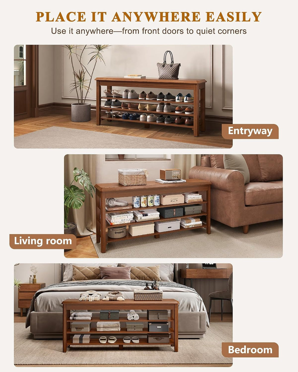 IUNVR Shoe Rack Bench Seat Rubberwood 3-Tier Wooden Storage Bench 550lbs Comp...