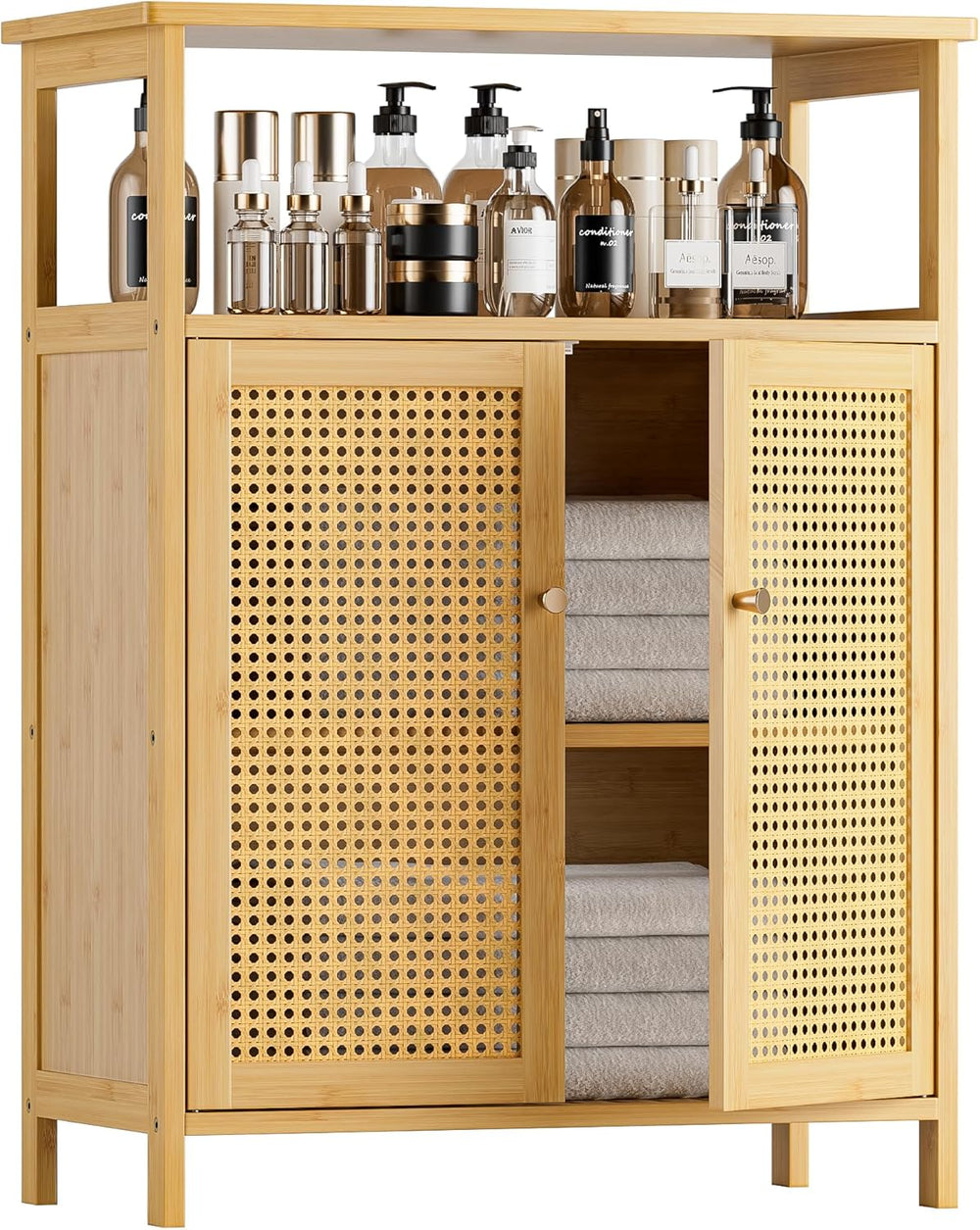 HITNET Rattan Bathroom Storage Cabinet, Bamboo Floor Cabinet with 2 Doors and...