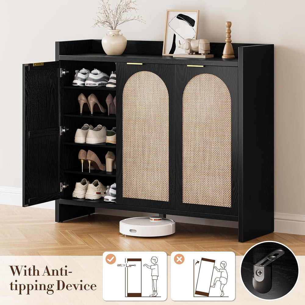 Shoe Cabinet Storage for Entryway - Rattan Accent Cabinet with 3 Doors & ...