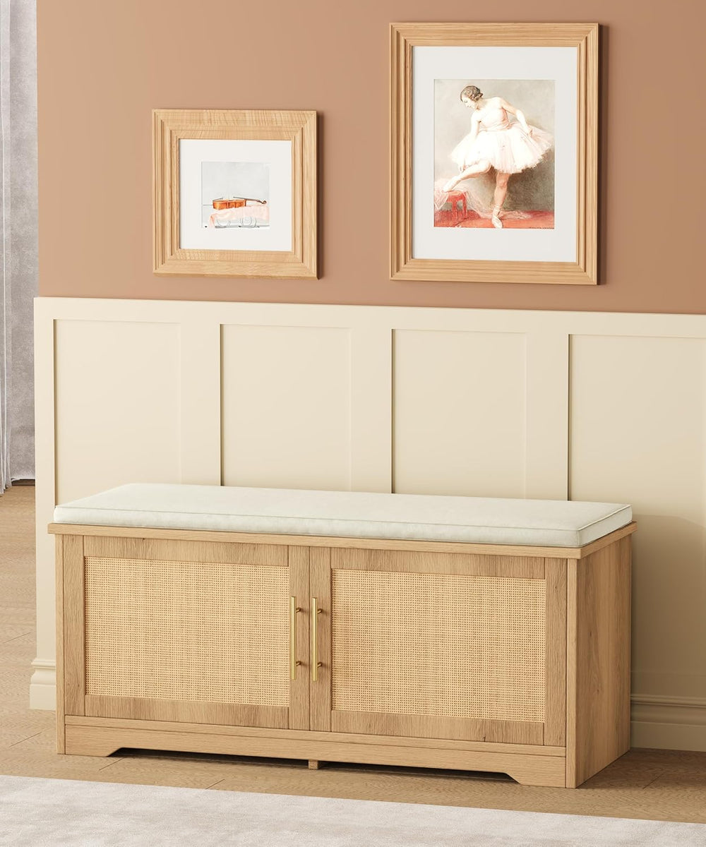 Rattan Shoe Storage Bench, 39.4" Wide Entryway Bench, Natural Oak