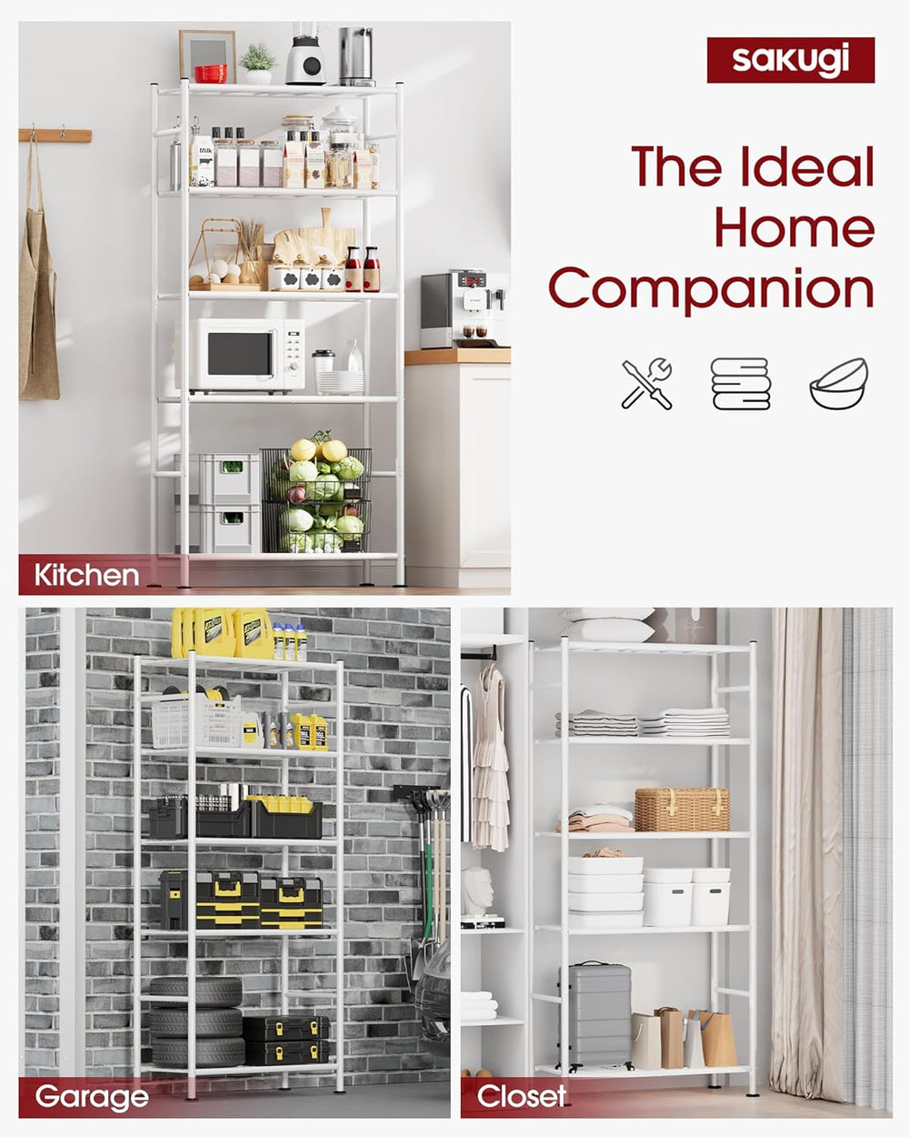 Sakugi Storage Shelves - 5 Tier Shelf Organizer, Heavy Duty Garage Shelving U...