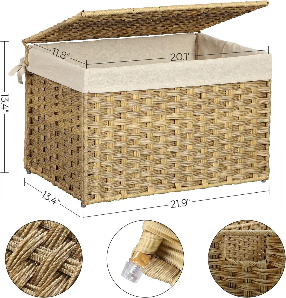 SONGMICS Woven Storage Basket with Lid, 17.2 Gallon (65L), Foldable