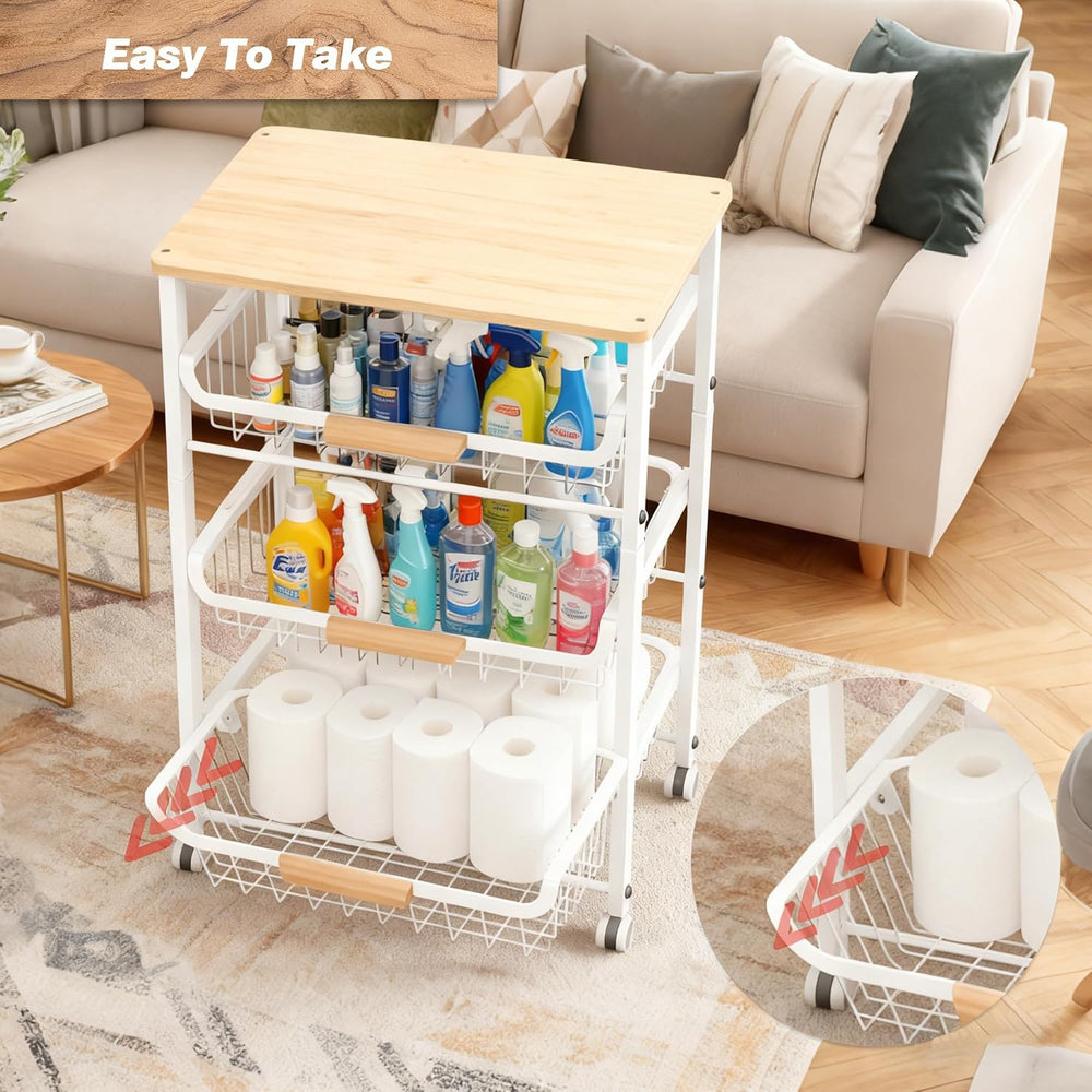5-Tier Rolling Pantry Floor Storage Cart with Wheels&Wood Top, Large Capa...