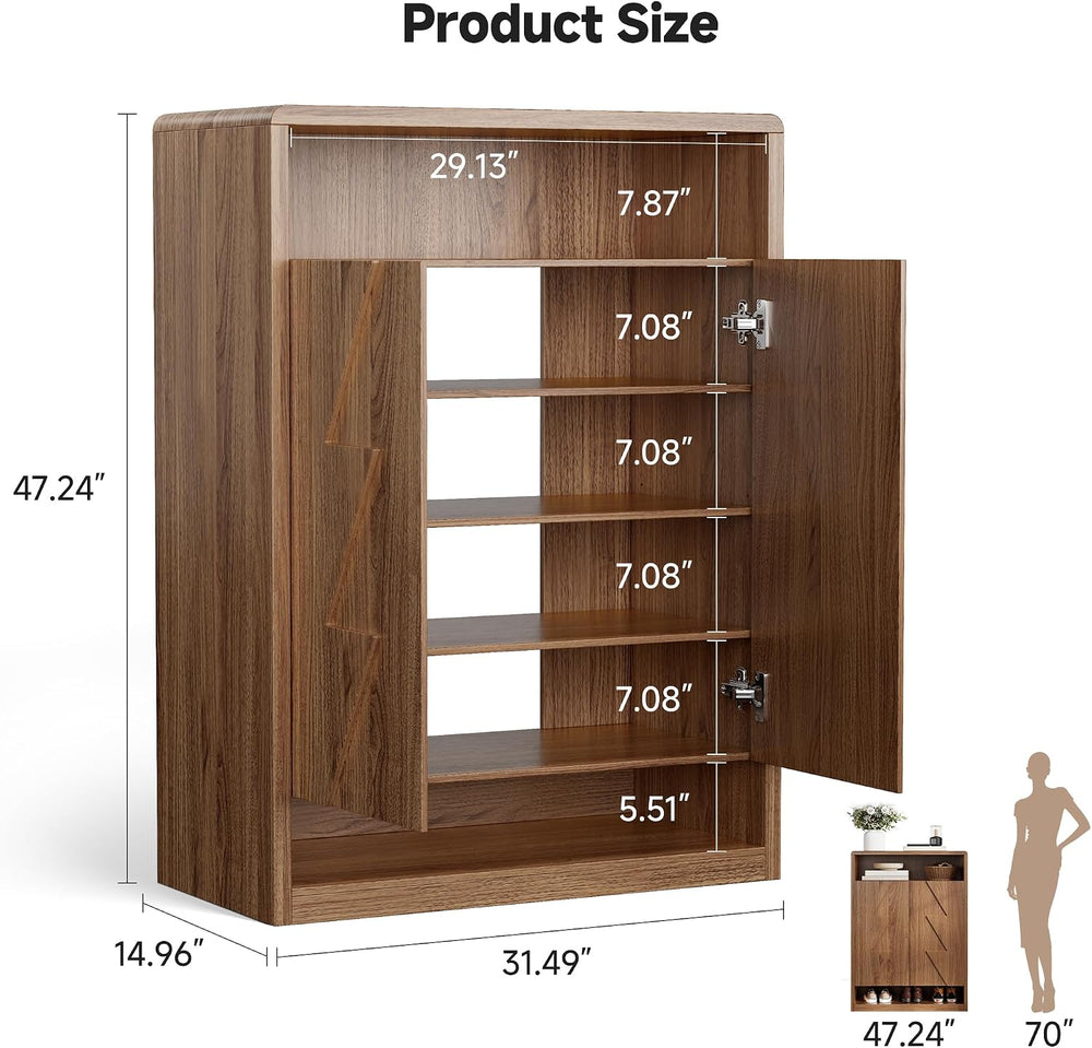 6-Tier Shoe Cabinet with 2 Doors, 47.2" Tall Walnut Shoe Storage Cabinet