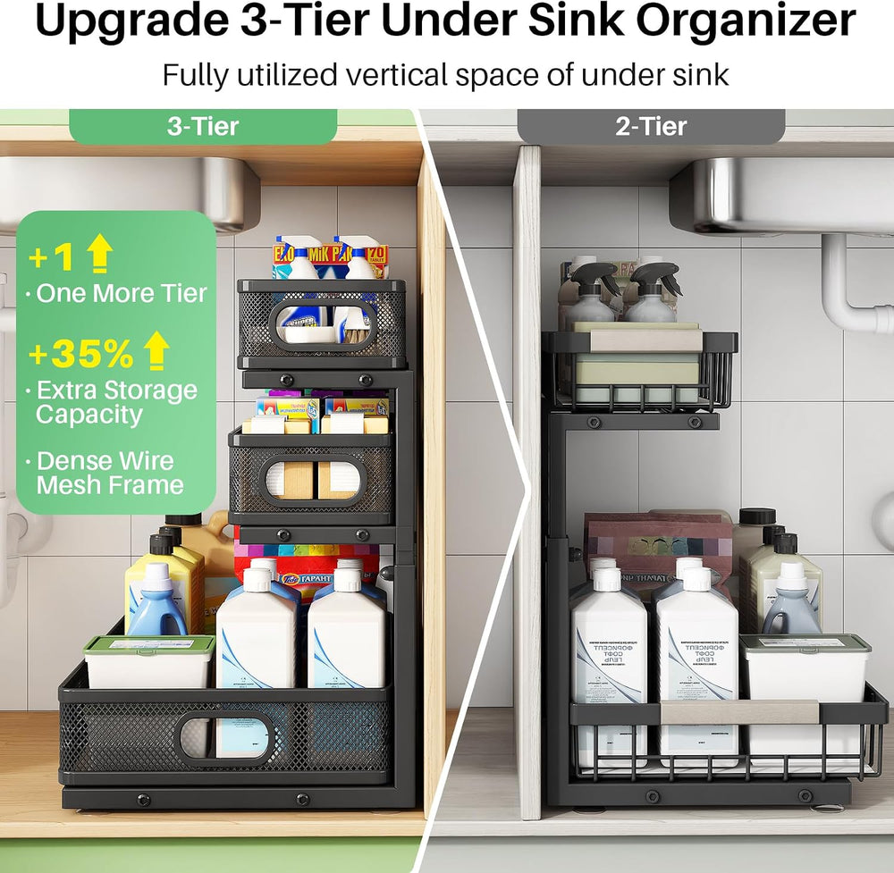 Kitstorack Under Sink Organizer, 2-Pack 3-Tier Height Adjustable Thickened Me...