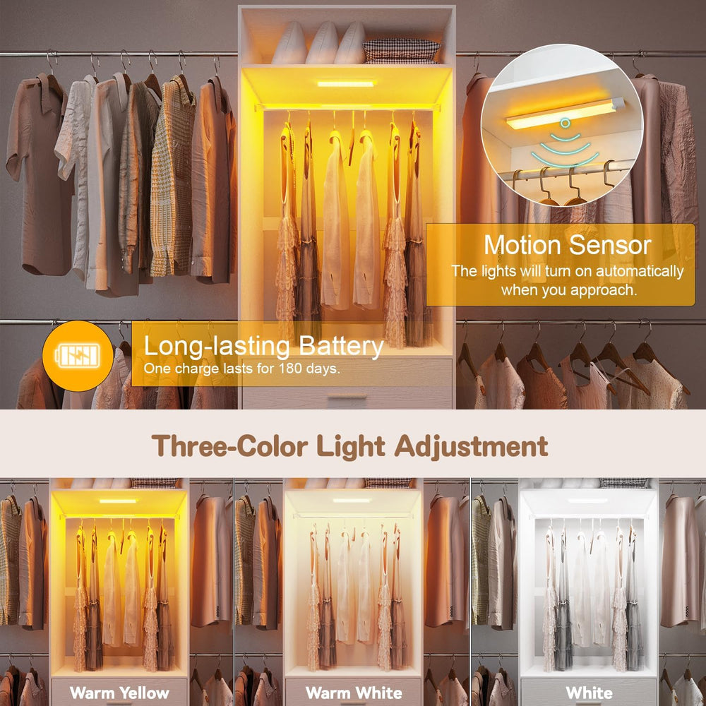 Wooden Closet System With LED Light 11FT Closet Organizer with 3 Wooden Drawe...