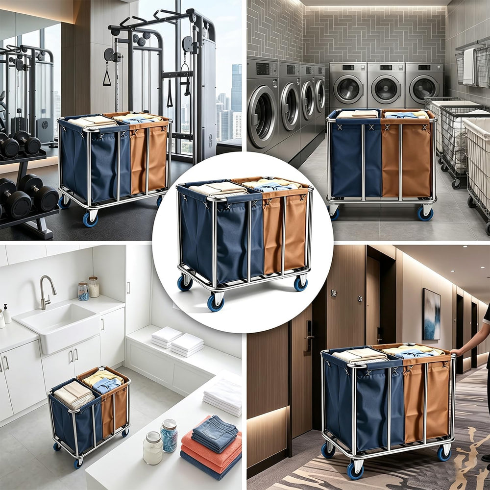 Commercial Laundry Cart with Wheels, 400L 2-Section Industrial Rolling Laundr...