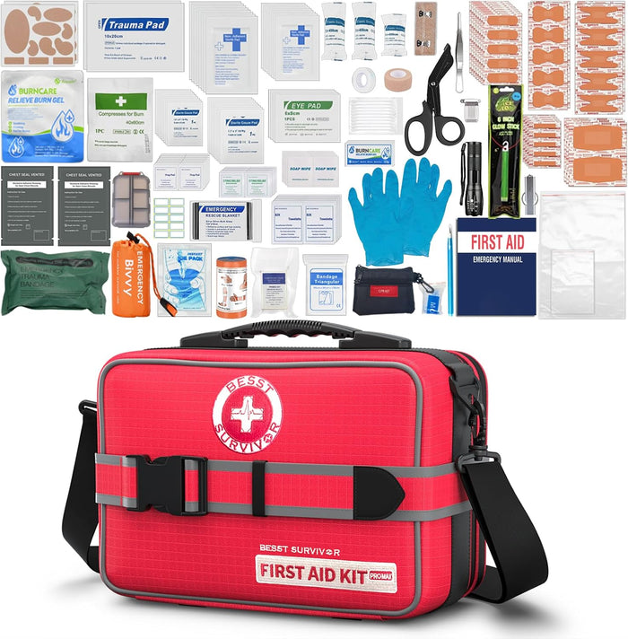 Besst Survivor 401 Pieces First Aid Kit with 2 Chest Seals & Israeli Bandage -Waterproof, Expandable Trauma Bag for Home, Car, Camping, Outdoor Emergency (Labeled Compartments, MOLLE Mountable)