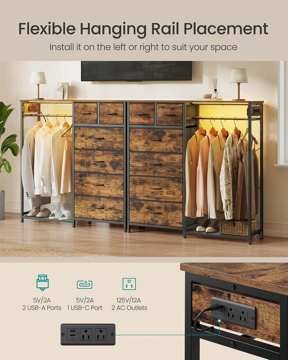 SONGMICS Dresser with Hanging Rod, Closet Organizer with 6 Fabric Drawers