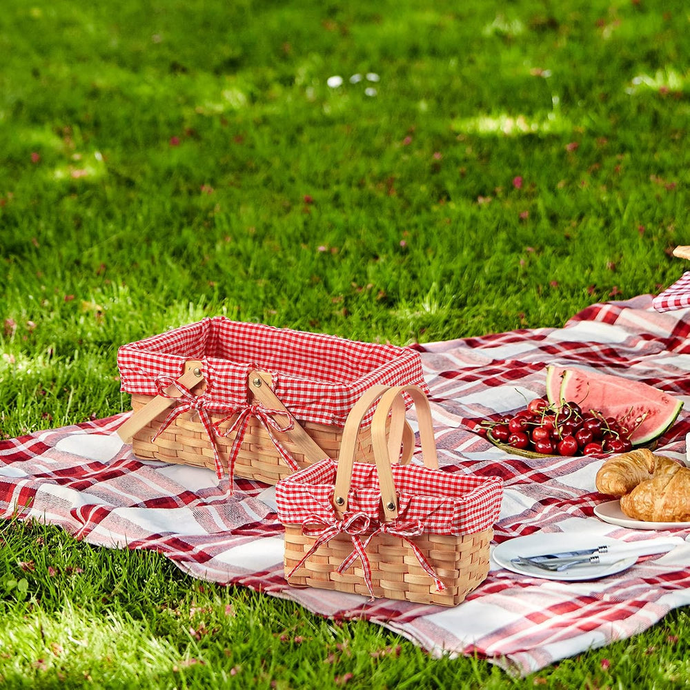 Patelai 2 Pcs Picnic Basket Set Double Handles, Checkered, Red and White