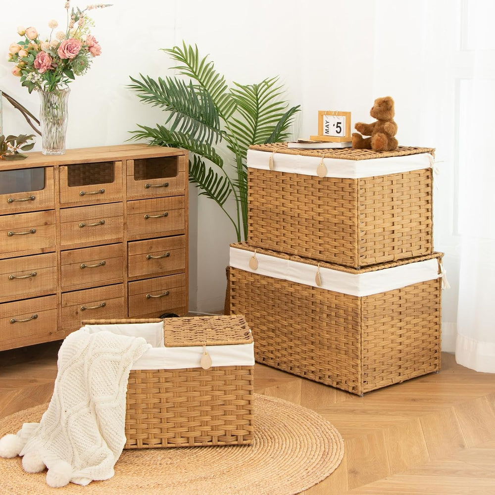 Storage Basket with 2 separate Lid, 105L Handwoven Rattan Shelf Basket with C...