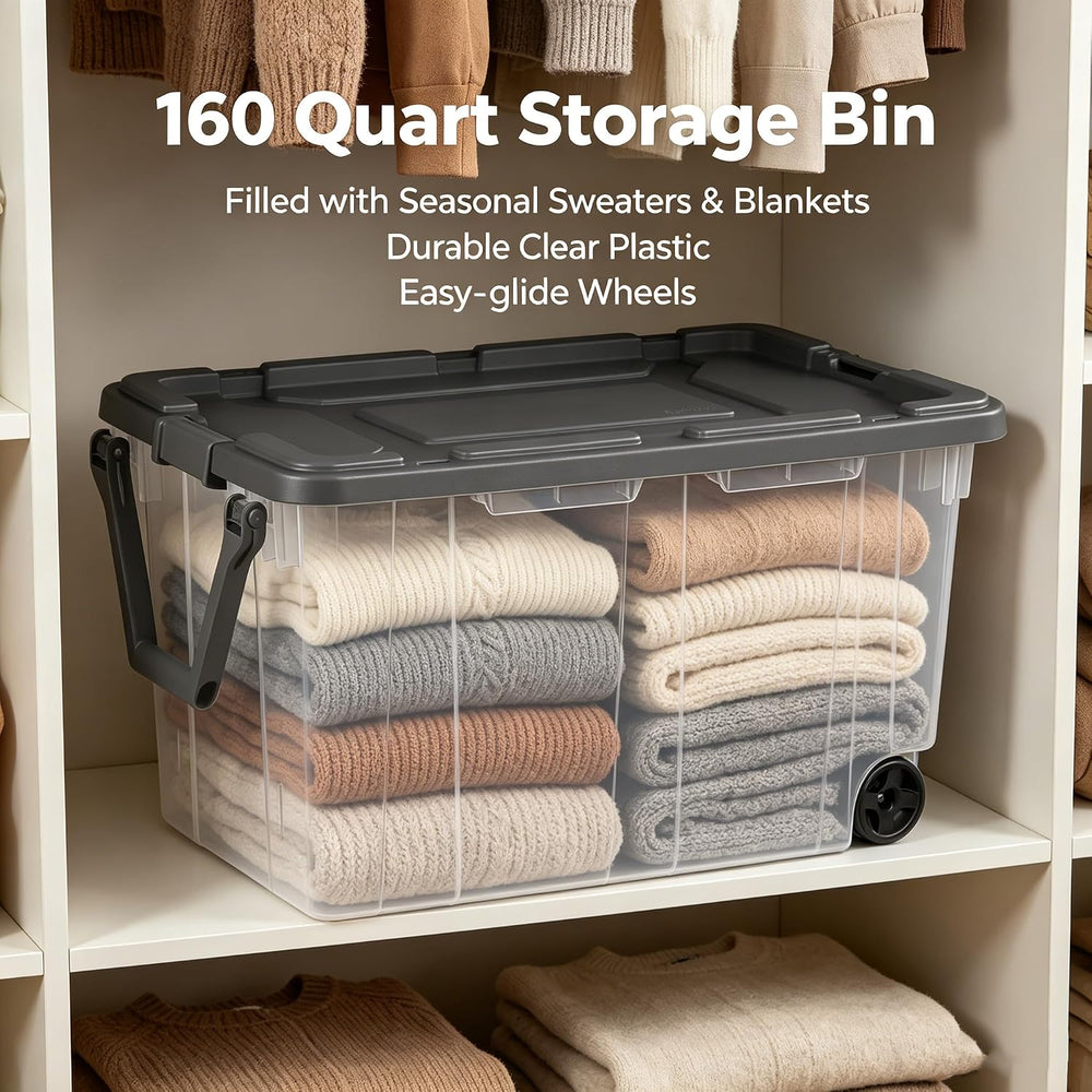 2-Pack, Extra-Large 160 Quart Wheeled Rugged Storage Bin, Durable Clear Stora...